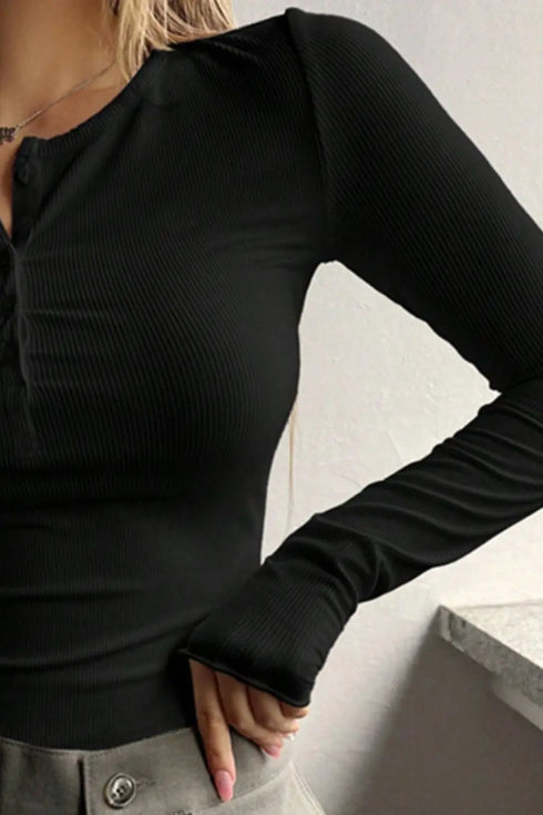 'Elara' Ribbed Half Button Long Sleeve Shirt - Celes Fashion